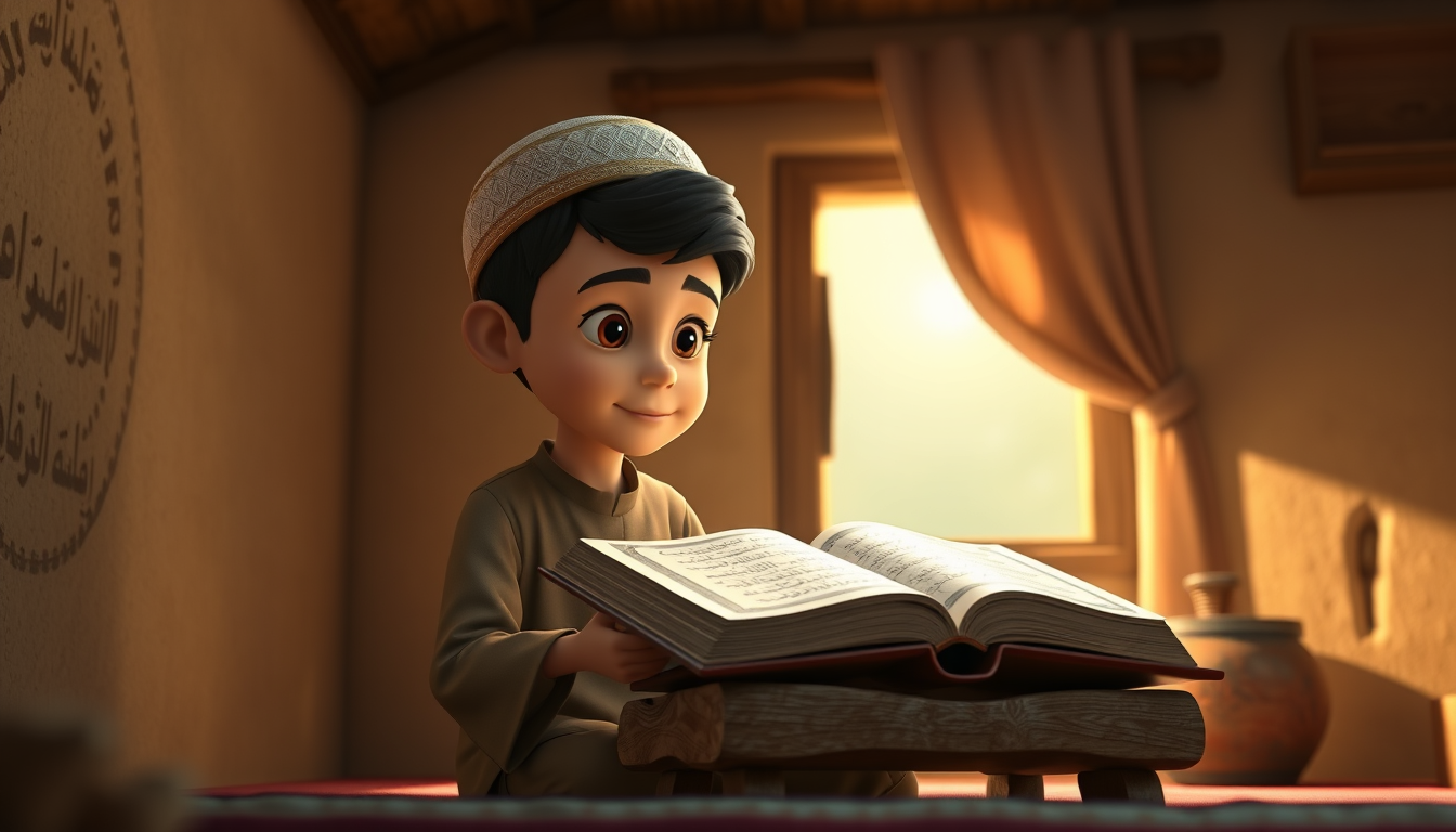 Main art studio: The same 12-year-old Muslim boy sitting inside his simple village home, quietly looking at a Quran placed on a wooden stand, warm morning light enteri