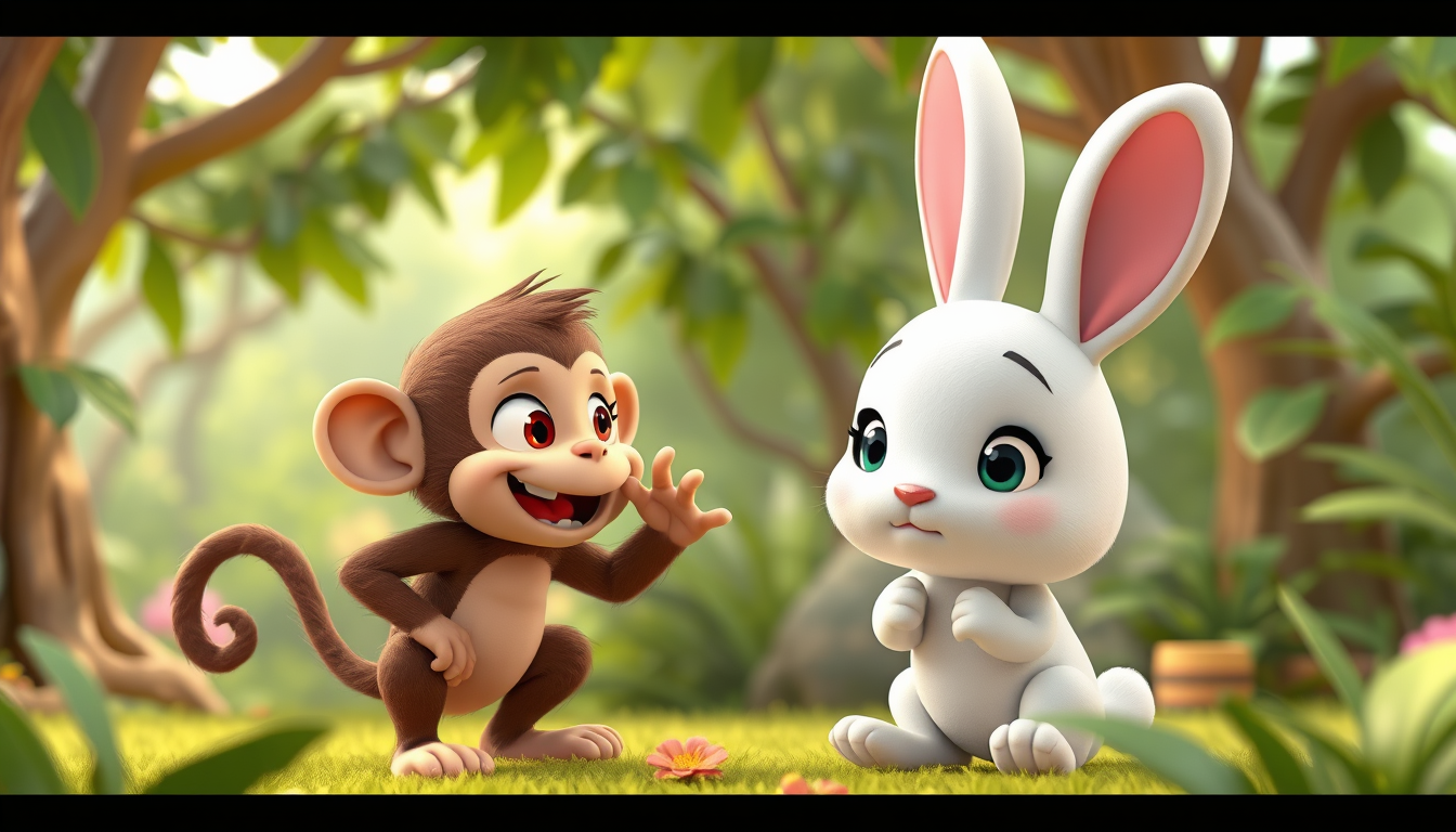 Main art studio: इमेज 2 — बंदर खरगोश को परेशान करता हुआ “Cute 3D animated cartoon, a mischievous brown monkey teasing a cute white rabbit in a colorful jungle, rabbit