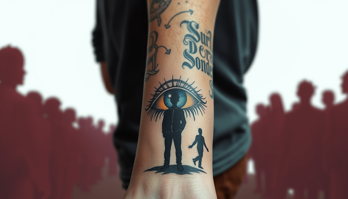 Main art studio: Like people around the forearm and in the middle a person standing and the eye is in the front and like flowing with the tattoo and son on the left si