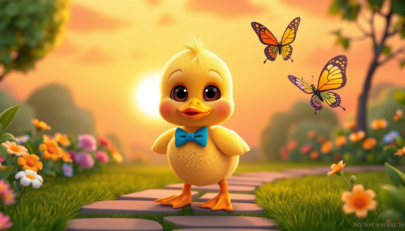 Main art studio: The same cute little yellow duckling with round cheeks, big shiny brown eyes, a tiny orange beak, and tiny orange feet, wearing a small blue bow tie,