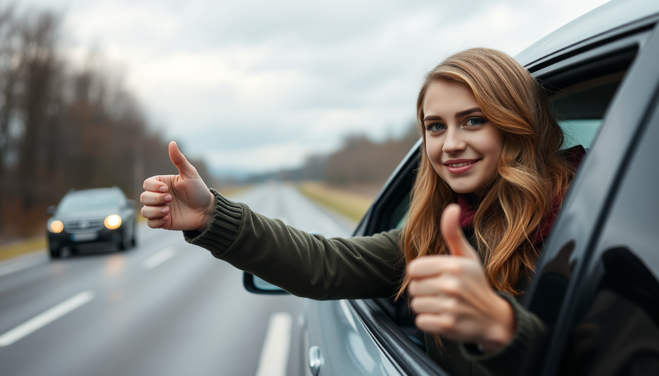 Main art studio: a young russian woman around 18 years old hitchhiking holding her hands out and thumbs up seeing a car stops
