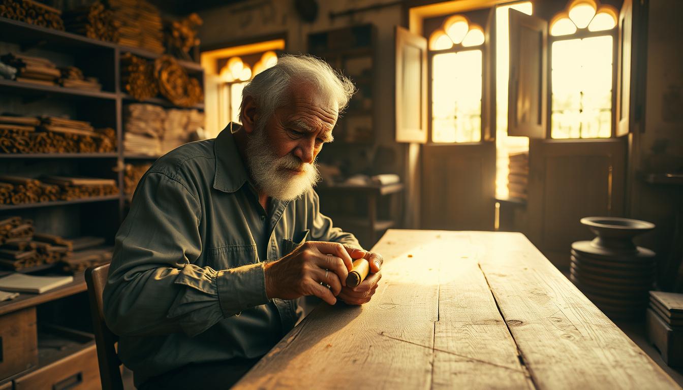 Main art studio: “A weathered elderly Cuban man expertly hand-rolling premium cigars at a traditional Cuban cigar factory, seated at a worn wooden workbench covered wi