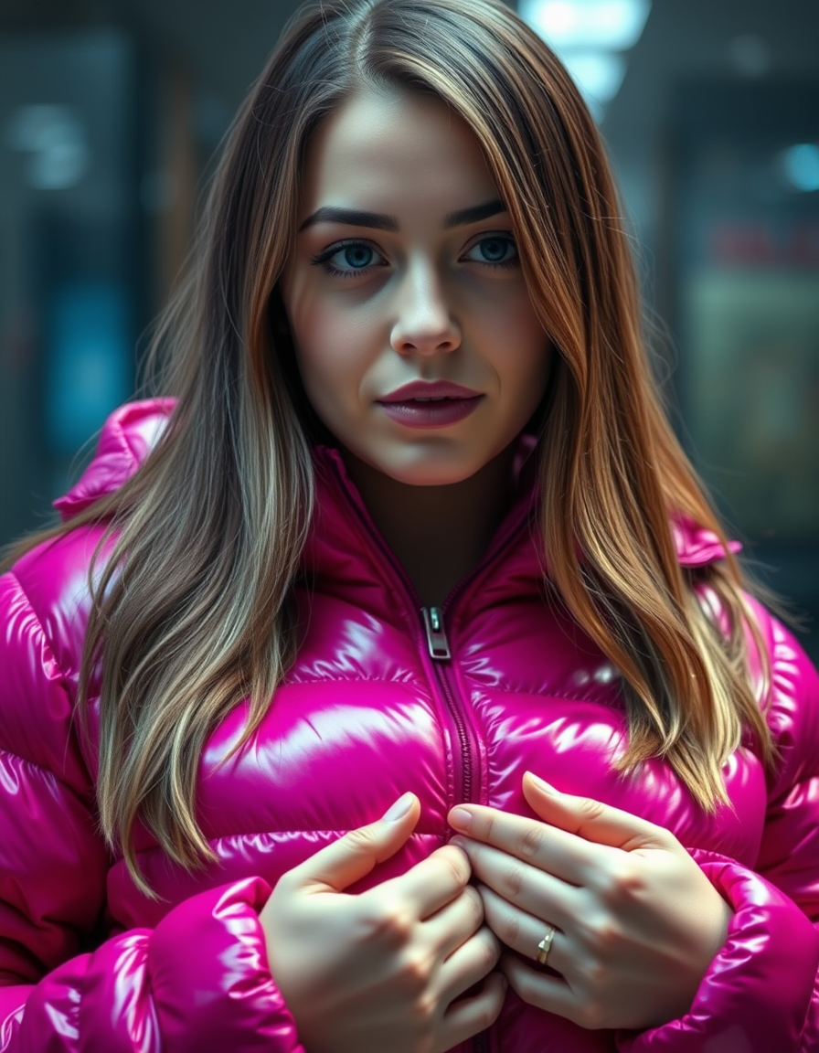 Main art studio: Beautiful young adult woman with long hair, wearing a shiny fuchsia pink puffer jacket fully zipped up to the chin. She has a noticeably rounded, bloa