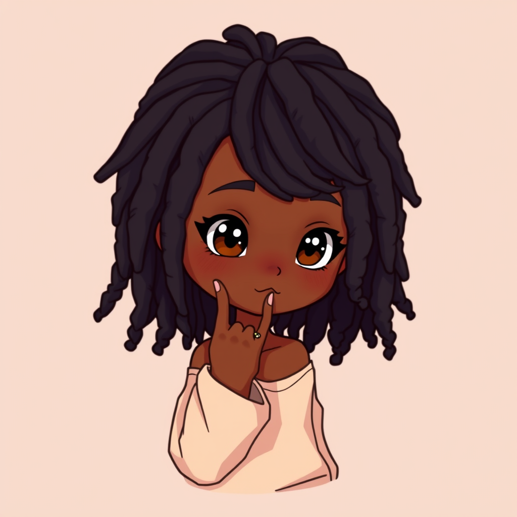 AI Art prompt example created from the prompt: black caramel female characte Chibi style character, oversized head, black dreadlocks, dark brown eyes, cozy cute stoner-adjacent vibe, smal