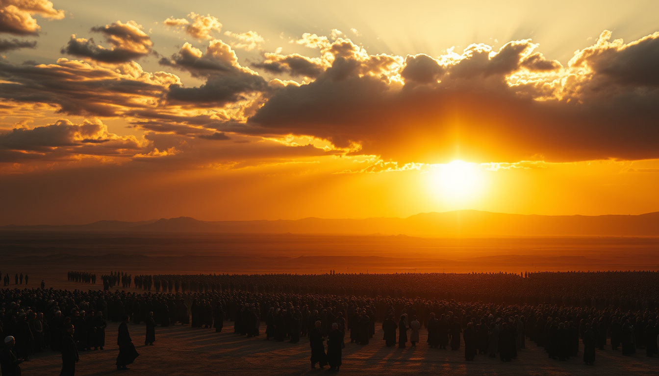 Main art studio: A breathtaking cinematic scene of Qiyamah beside a vast dry landscape with distant hills and a completely dark horizon. Countless people stand beneath
