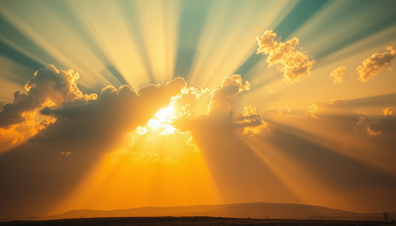 Main art studio: Beautiful rays of heavenly light descending from the sky over a peaceful landscape, soft golden clouds, majestic atmosphere, symbolic Islamic spiritua