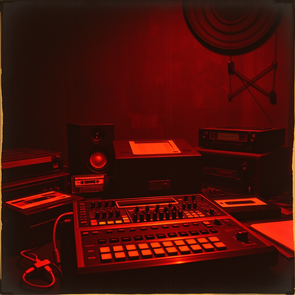 Main art studio: Dark vintage 90s boom bap hip hop aesthetic, dusty underground New York atmosphere, MPC drum machine, vinyl records, old cassette tapes, analog studio