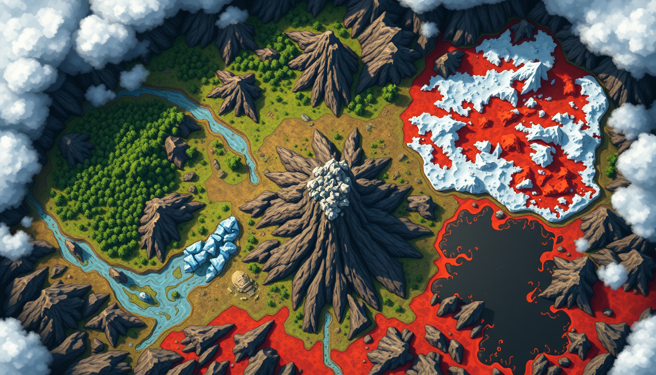 Main art studio: :::writing{variant="standard" id="62417" title="Prompt simple — mondes plus grands"} Top-down fantasy volcano map, landscape. Rocky crater in the cent