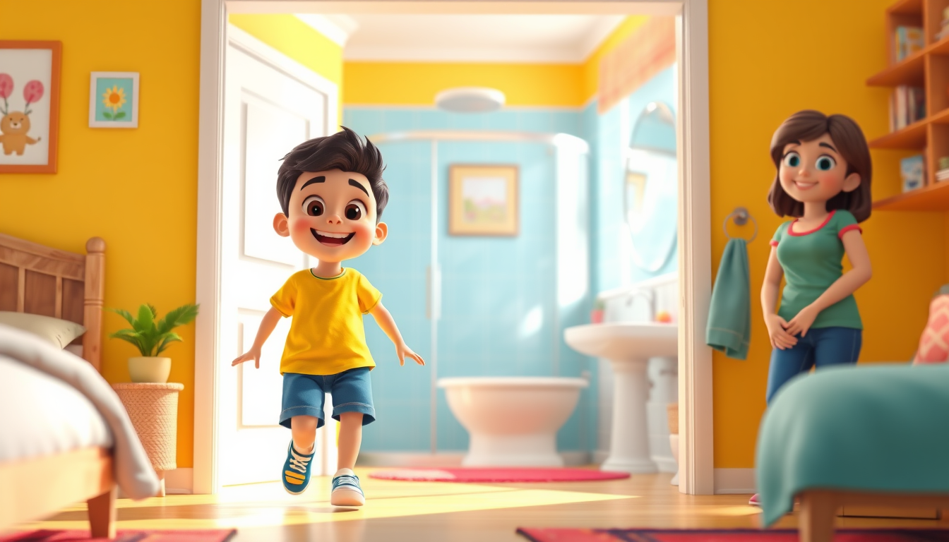 Main art studio: Aarav happily walking from his bedroom toward a bright colorful bathroom, yellow T-shirt, blue shorts, cheerful expression, Mom standing near the bath
