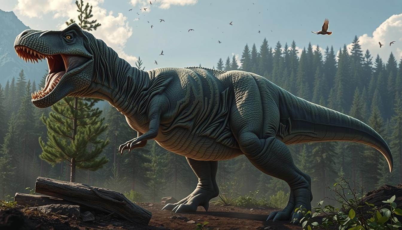 Main art studio: A colossal Tyrannosaurus rex slowly walks forward through a dense prehistoric forest, each step causing the ground to shake and loose dust to rise. It