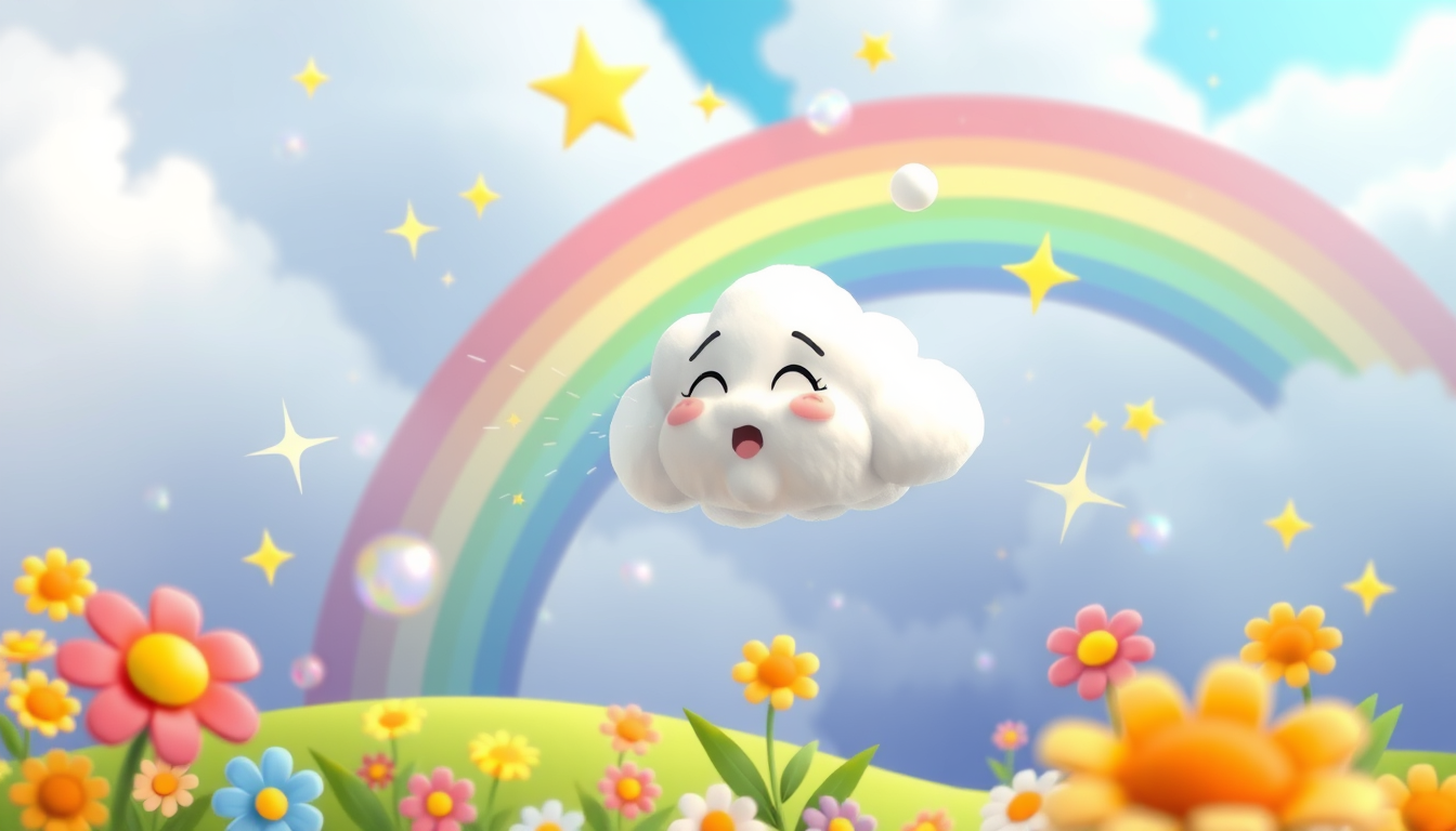 AI Art prompt example created from the prompt: Create a colorful 3D animated kids YouTube Short, vertical 9:16. A cute fluffy little cloud is flying in a bright magical sky and suddenly s