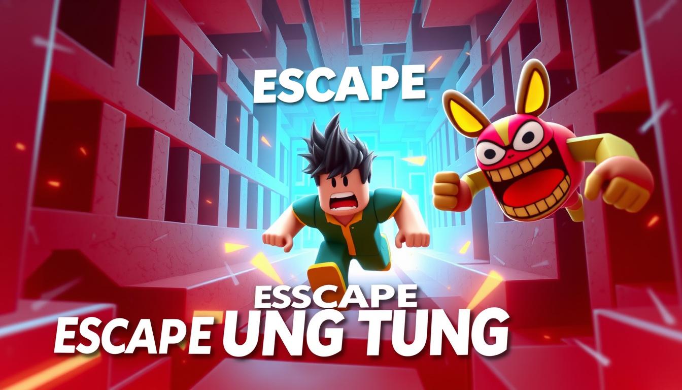 Main art studio: Create a chaotic Roblox game icon for "Escape Tung Tung". A terrified Roblox character is sprinting through a giant maze while the hilarious Brainrot 