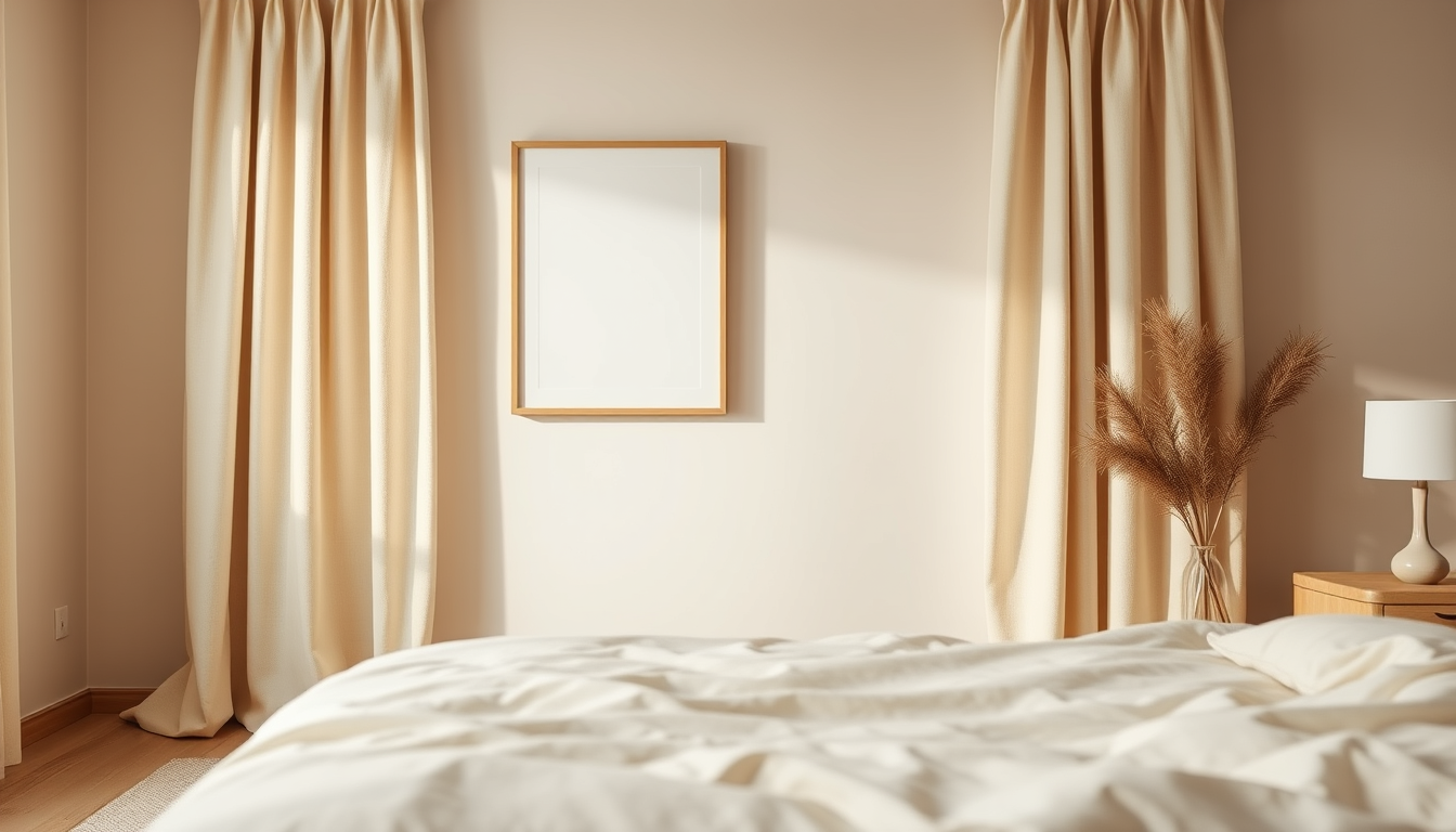 AI Art prompt example created from the prompt: Close-up of decor in the same warm minimalist bedroom: simple framed wall art, cream curtains, a small ceramic vase and a neutral woven rug,