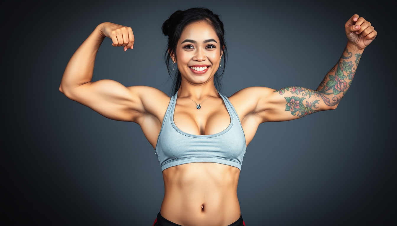 Main art studio: an asian bodybuilding girl in a competiton clothes flexing both arms. right arms is covered by a colorful tatto. LEft side of body has a tattoo. Has t