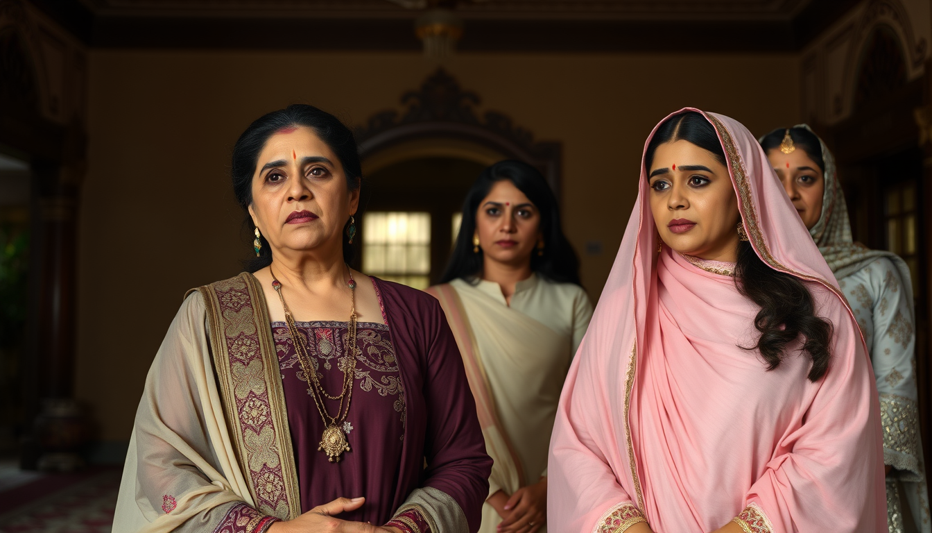 AI Art prompt example created from the prompt: Malika Begum, 52, wearing a dark maroon traditional dress, stands before Haya with an apologetic expression. Haya wears pastel pink shalwar