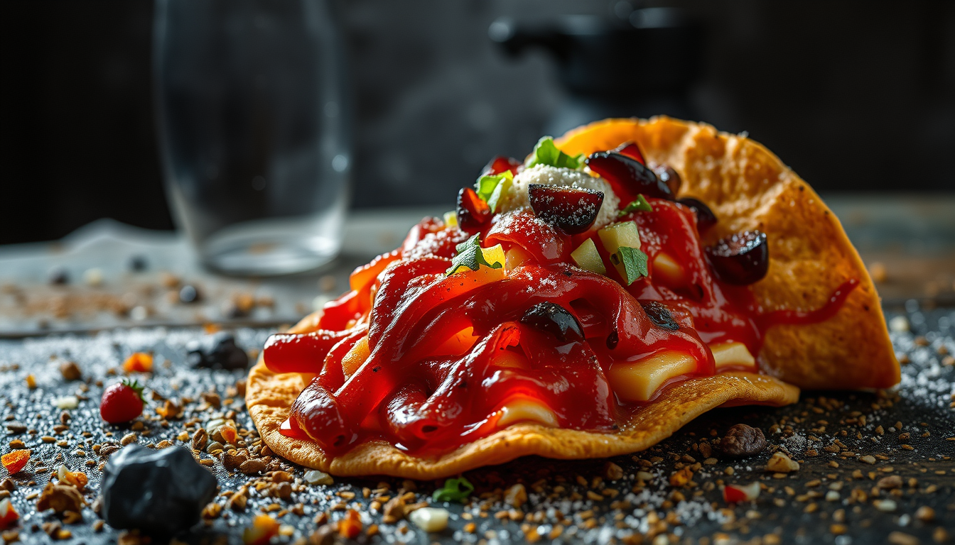 Main art studio: En fotorealistisk taco som har falt på bakken og blitt skitten: sprø tacoskjell dekket med litt gjørme og jord, rotete kjøttfyll, ost og grønnsaker so