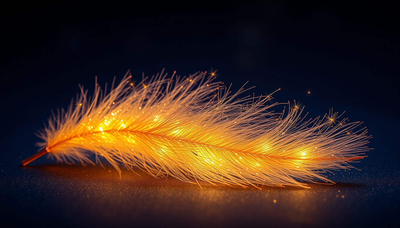 Main art studio: plusieurs magnifique plume entièrement faite d’or pur, très détaillée, avec des reflets dorés brillants, posée délicatement sur un fond bleu nuit somb