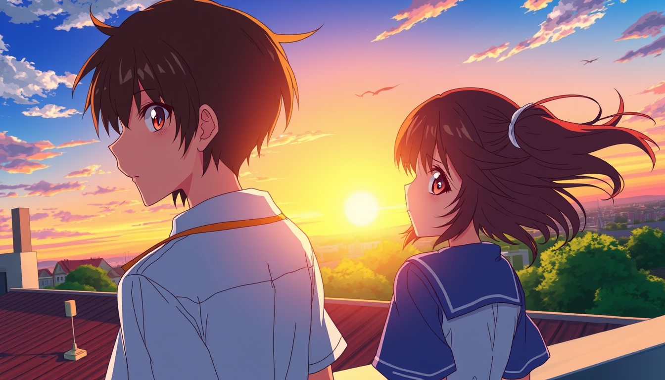 Anime idea: anime style, vibrant colors, expressive eyes, school rooftop at sunset, two students backlit, wind in their hair , detailed anime illustration