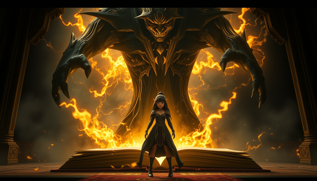 AI Art prompt example created from the prompt: A gigantic terrifying dark magical shadow emerging from the mysterious black book. Aarna stands bravely in front of the dark shadow without
