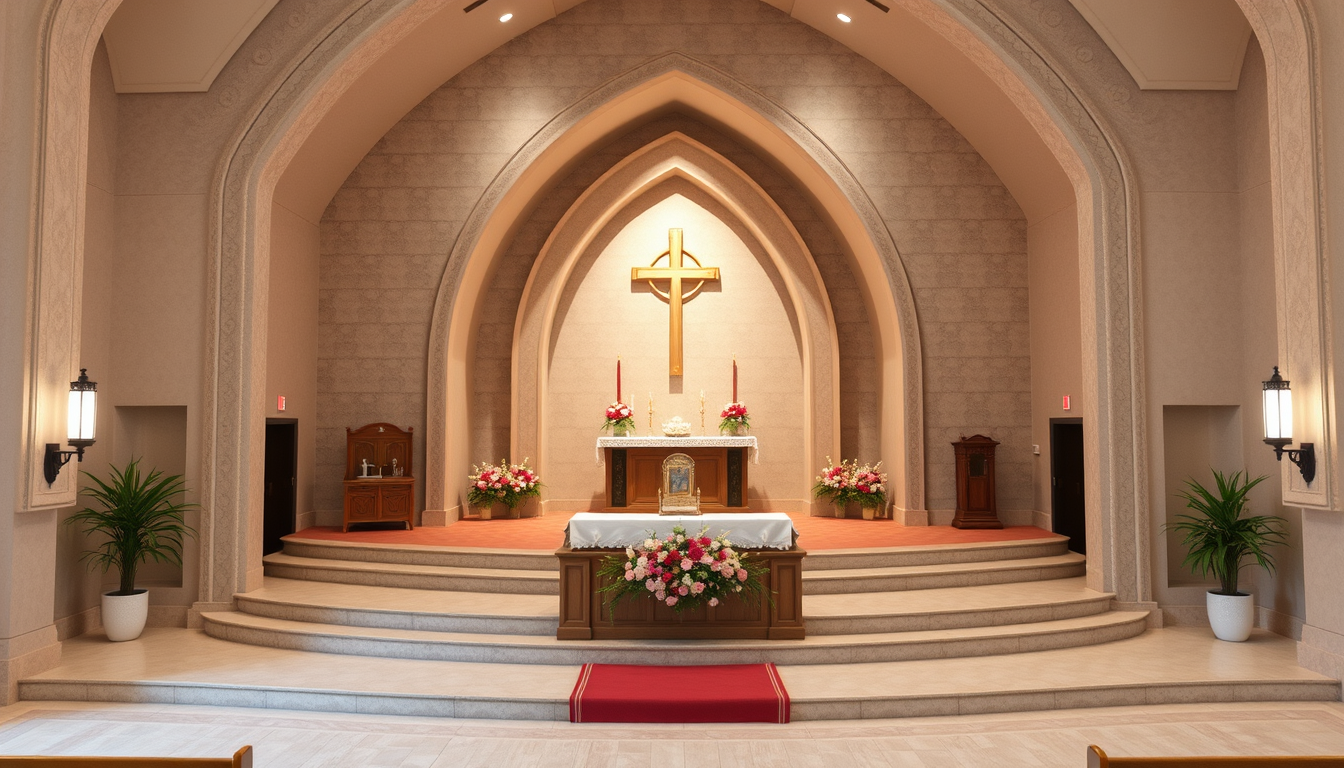 Main art studio: Modelo para un altar de iglesia evangélica, incluye gradas, zona redondeada y zona de flores