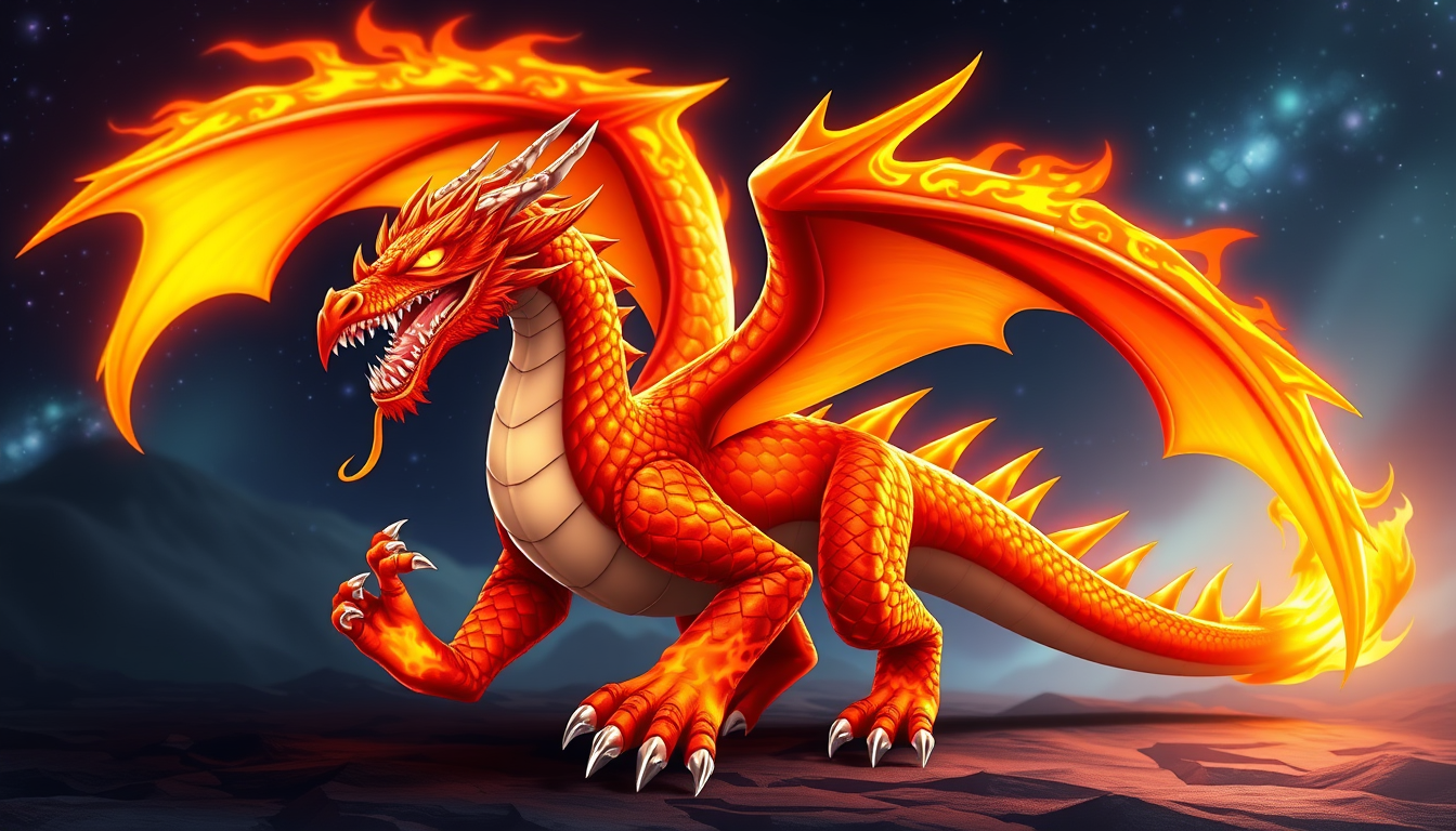 AI Art prompt example created from the prompt: Create an original powerful Fire Dragon based on the reference image, but make the design unique. Give it huge fiery wings, glowing eyes, po