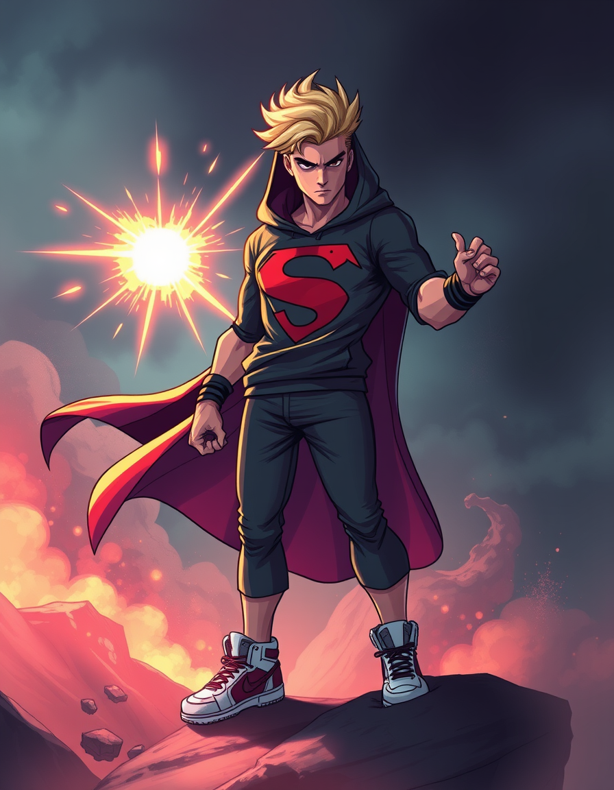 Superhero idea created from the prompt: original superhero character design, dynamic pose, bold costume, dramatic lighting, comic art energy, verschlafener Typ, ziemlich klein – Ho