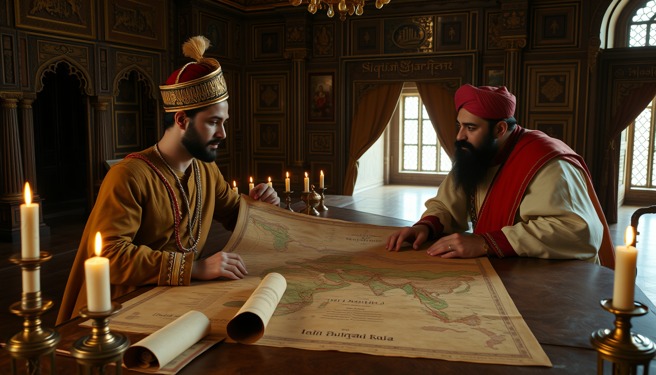 Main art studio: Scene 6 — Young Akbar and Bairam Khan Prompt: A young Mughal emperor and his trusted senior commander studying a large map of northern India together,
