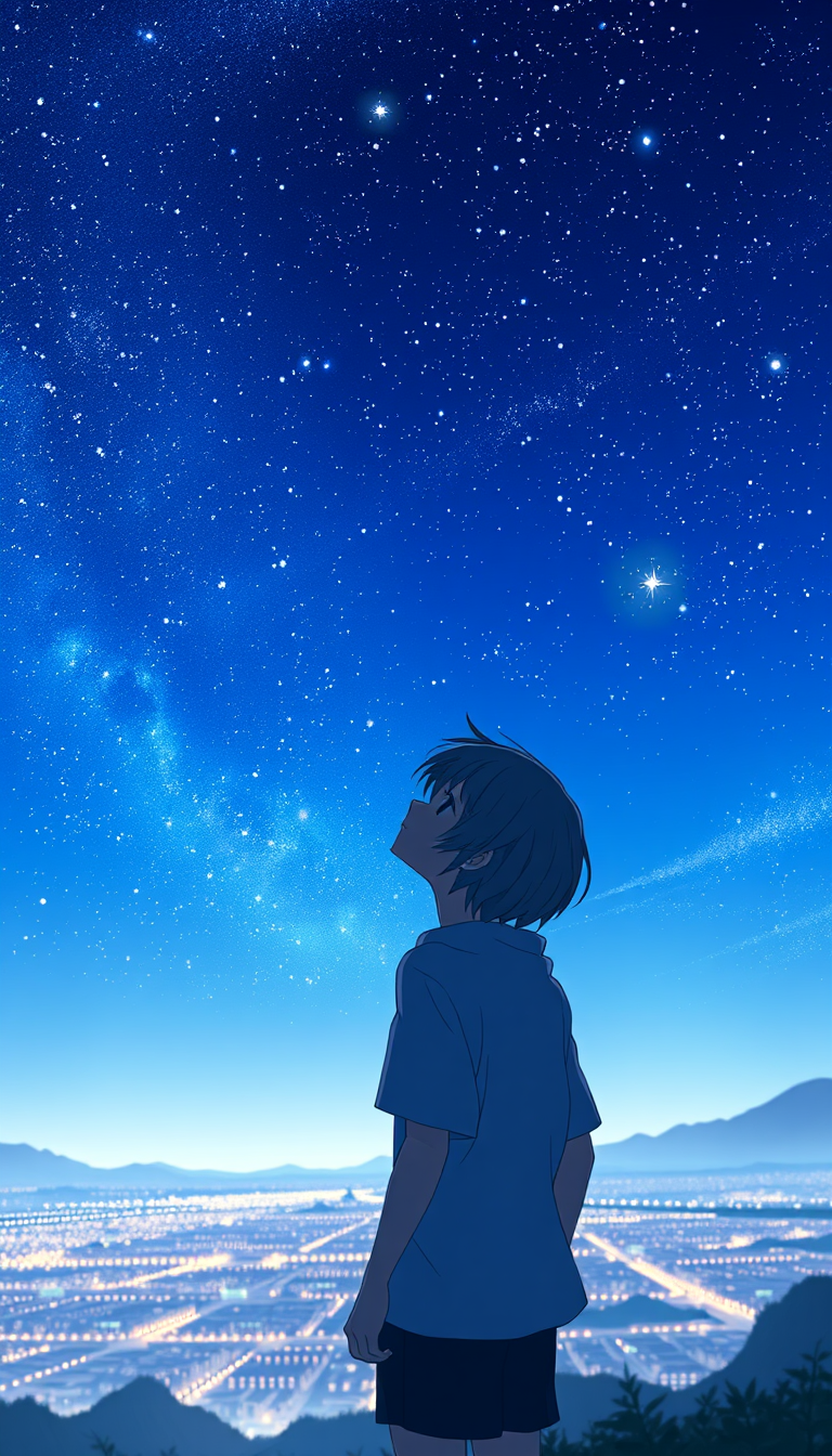 Main art studio: Lone anime character looking up at a beautiful star-filled night sky, peaceful expression after sadness, city lights glowing far below, gentle wind, h