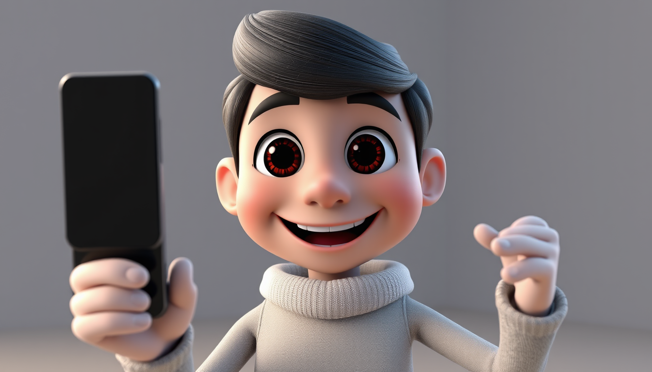 AI Art prompt example created from the prompt: The smartphone character looks at the camera, smiles, waves and talks naturally, smooth 3D animation, cinematic camera movement.