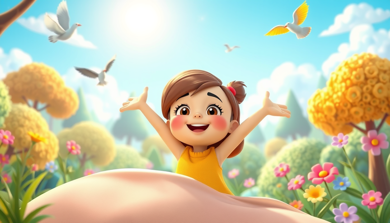 Main art studio: A bright sunny morning in a colorful cartoon forest. Tina wakes up happily, stretches her little arms and smiles excitedly. The sun shines in the sky,