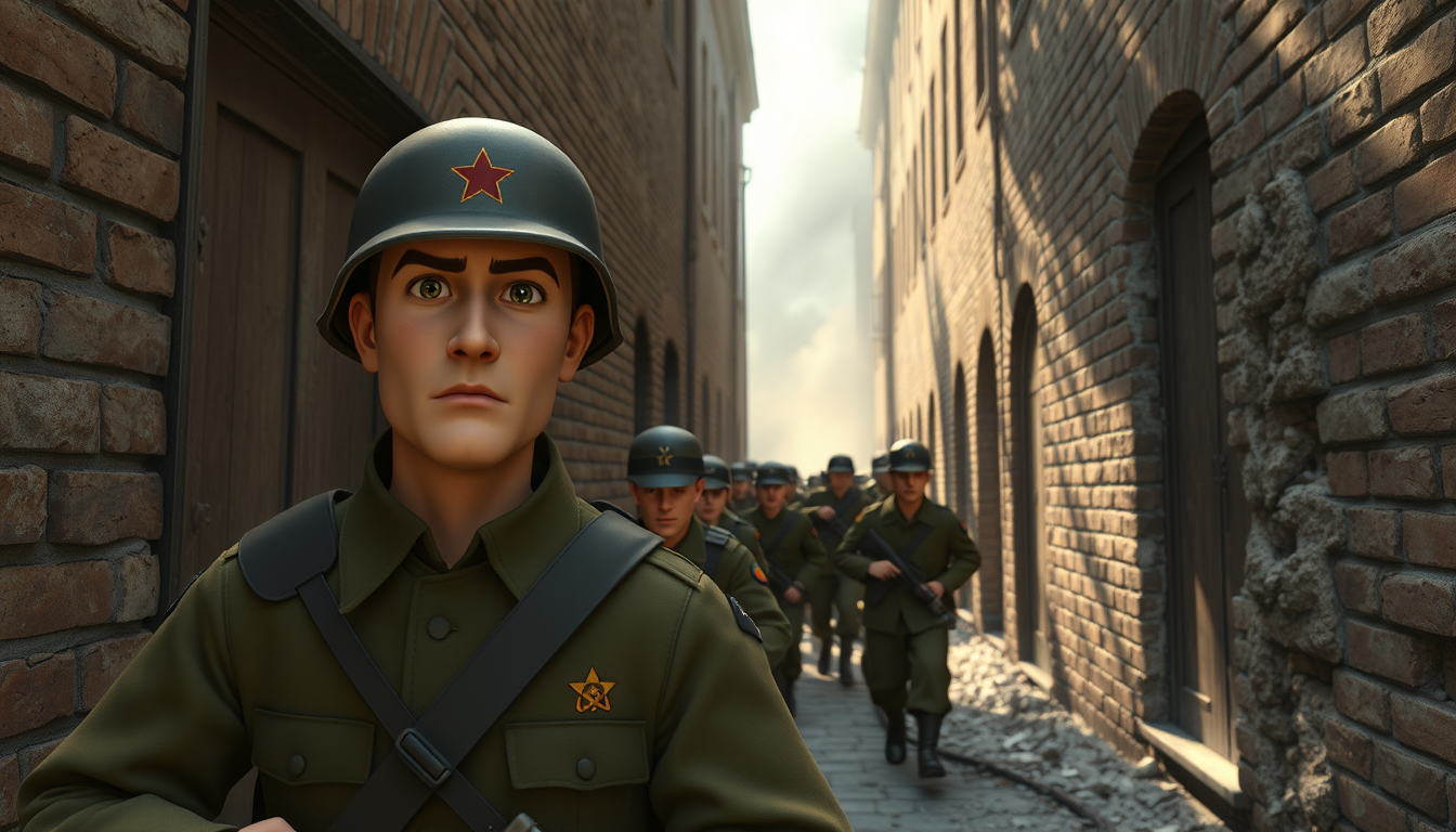 Main art studio: Serious cinematic 3D animated historical war documentary, Soviet infantry soldiers advancing cautiously through a narrow passage between bombed-out Be