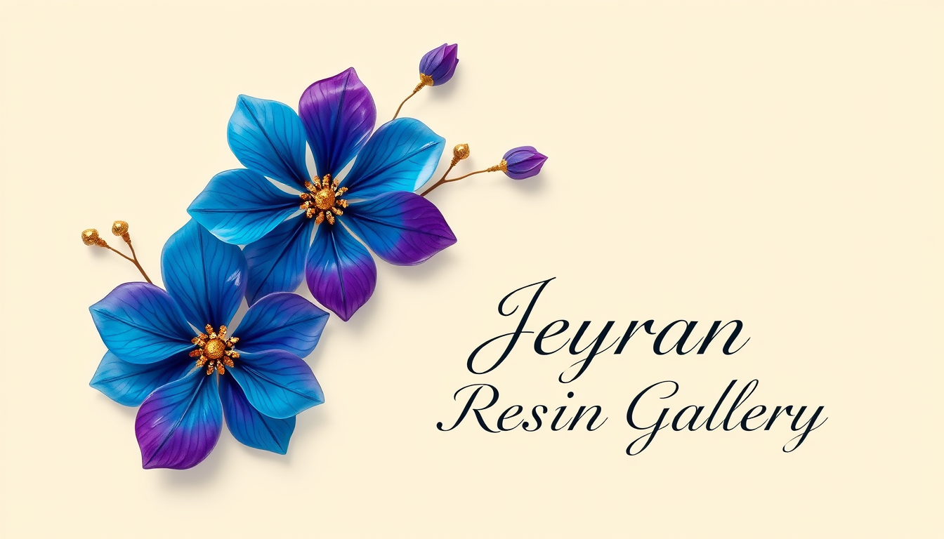 Main art studio: Elegant resin art logo, beautiful blue and purple flowers inside clear resin, gold details, luxury style, soft cream background. Add the text “Jeyran 