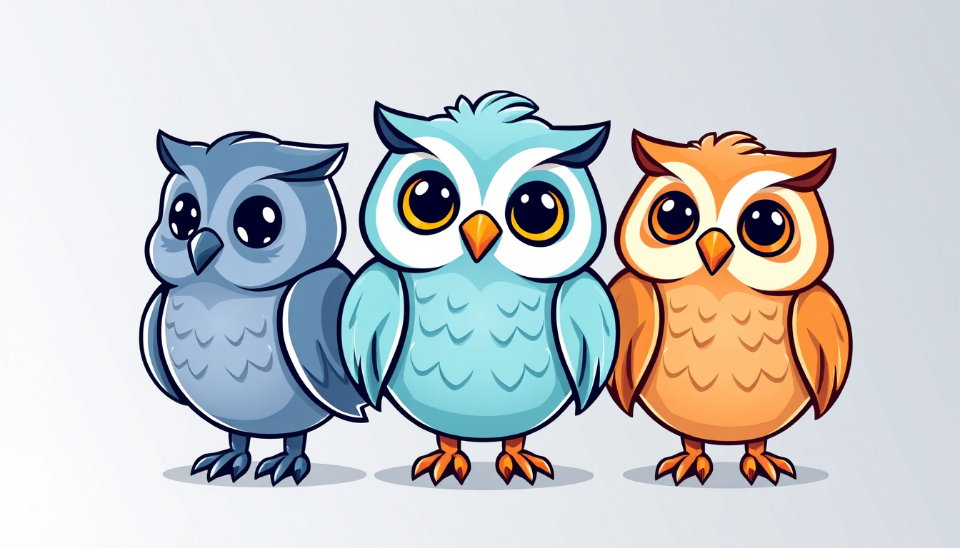 Main art studio: Professional mascot logo for a modern university study app. Exactly three cute owl characters side by side. Left owl is muted blue, looking slightly u