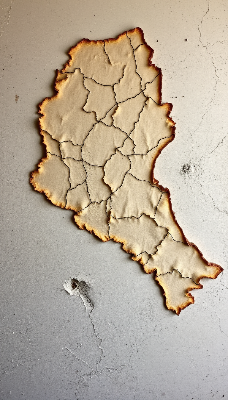 Main art studio: Eine helle alte Wand mit rissigem Putz, mit Schimmeln und Flechten, was wie eine Landkarte aussieht.