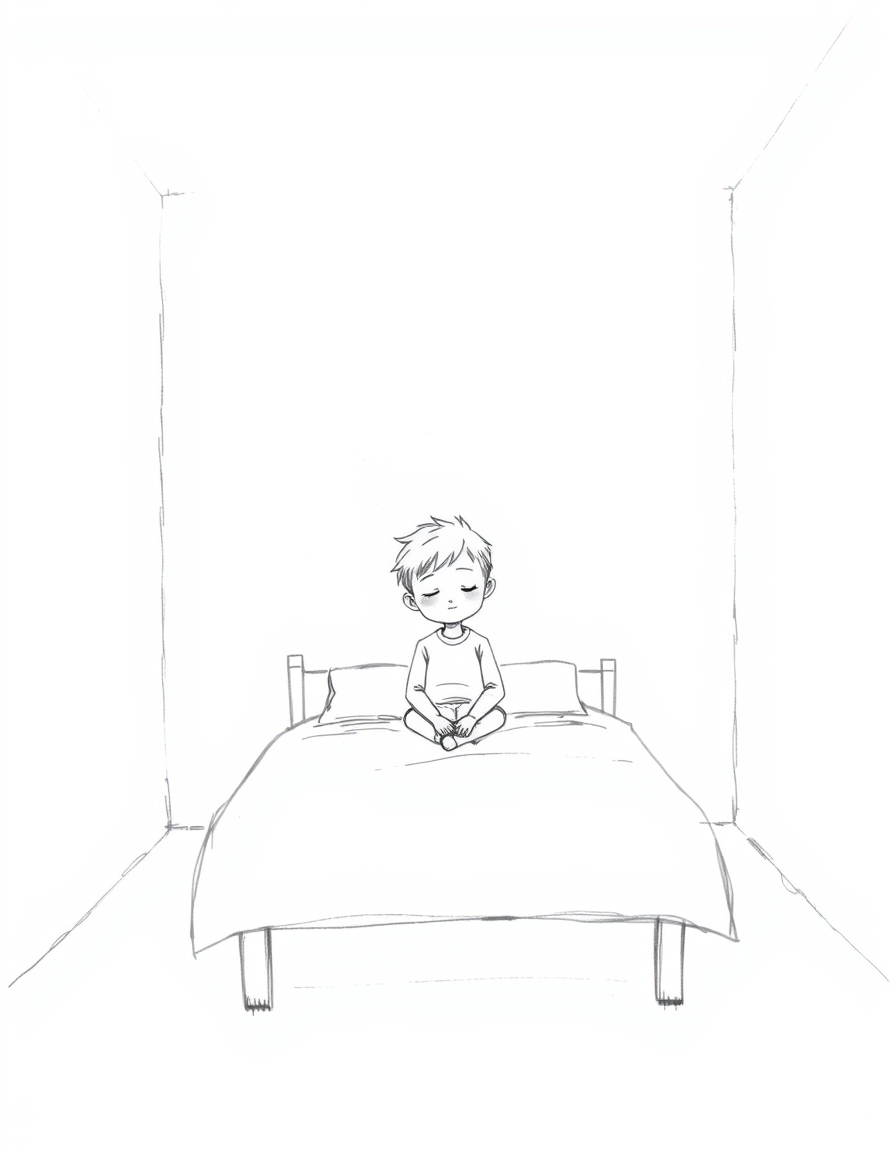 Main art studio: A simple black and white pencil sketch, like a child casually drew it. A little boy sits alone on his bed in a quiet simple room, eyes gently closed. 