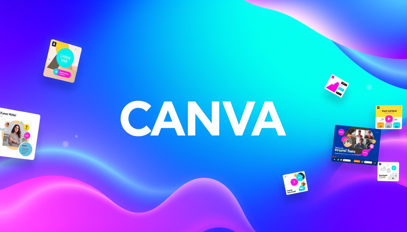 Main art studio: Create a stunning, professional 16:9 YouTube video visual introducing the AI-powered design platform CANVA. Place the official Canva logo prominently