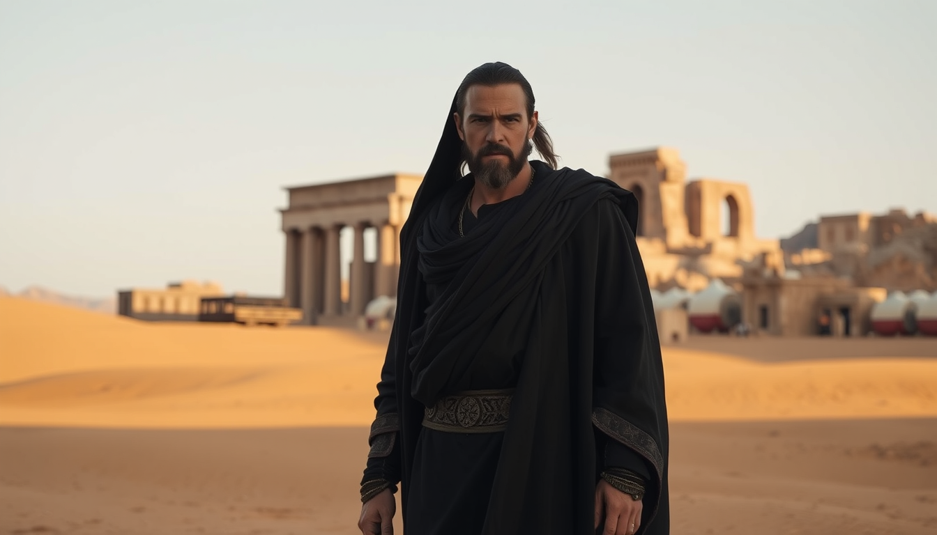 Main art studio: القديم: 1. Mysterious ancient man standing alone in the desert, calm expression, strong masculine features, long dark robe, ancient ruins behind him,