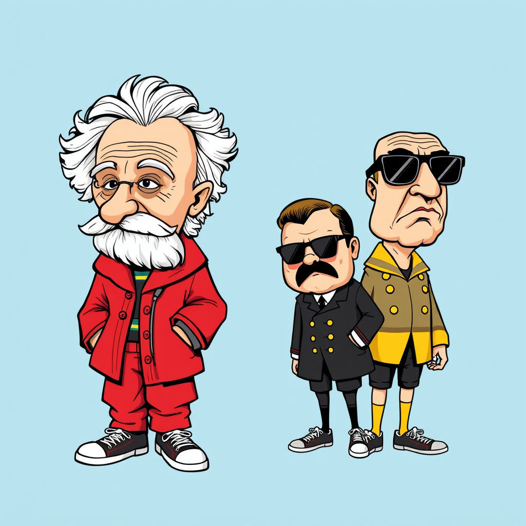 Main art studio: :::writing{variant=“standard” id=“41827”} Einstein, Gandhi, Hitler and Napoleon, highly recognizable facial features, funny exaggerated expressions, p