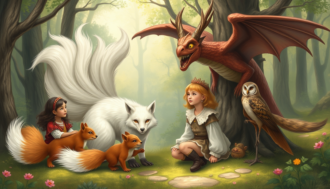 Main art studio: create a picture it should contain, two female children human, 1 white fox with 6 tails, and one squirrel, and one dragon and one owl, they should be 
