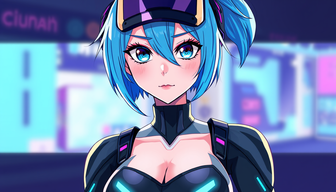 VTuber Avatar idea created from the prompt: vtuber avatar, anime style bust, expressive eyes, streaming overlay ready, cyberpunk vtuber, neon blue hair, visor, tech bodysuit , clean vt