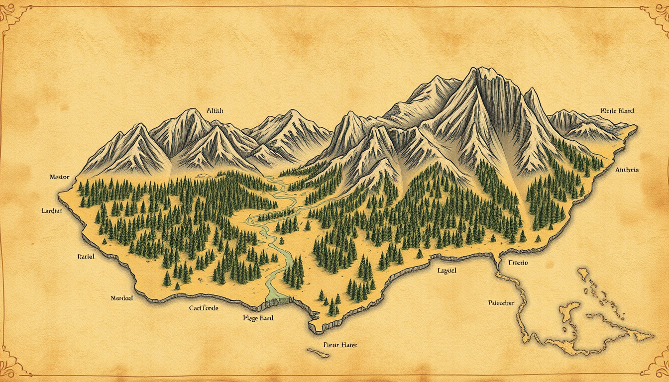 Fantasy Maps idea: fantasy world map, hand-drawn cartography, aged parchment, mountains forests and coastlines, fantasy continent with mountain range, forests, parchment