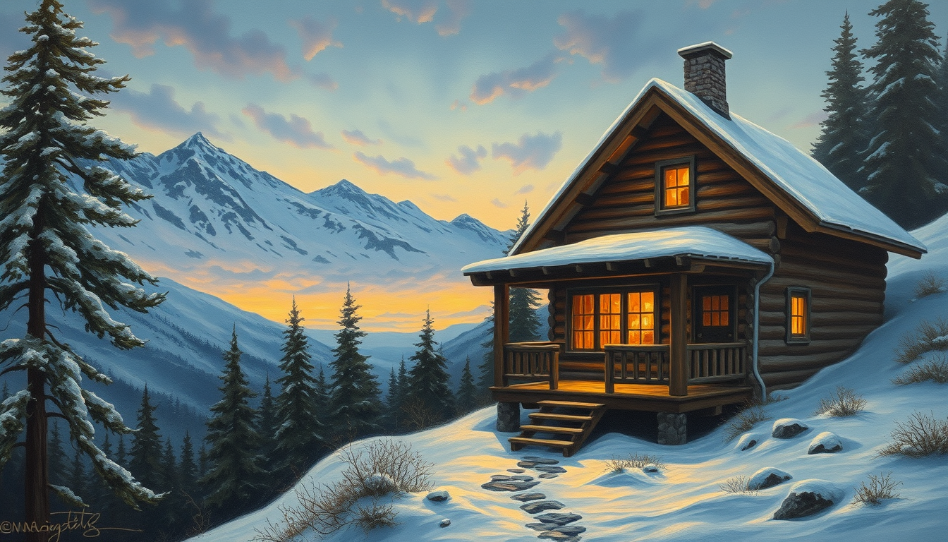 Main art studio: a cozy cabin in snowy mountains at dusk, oil painting