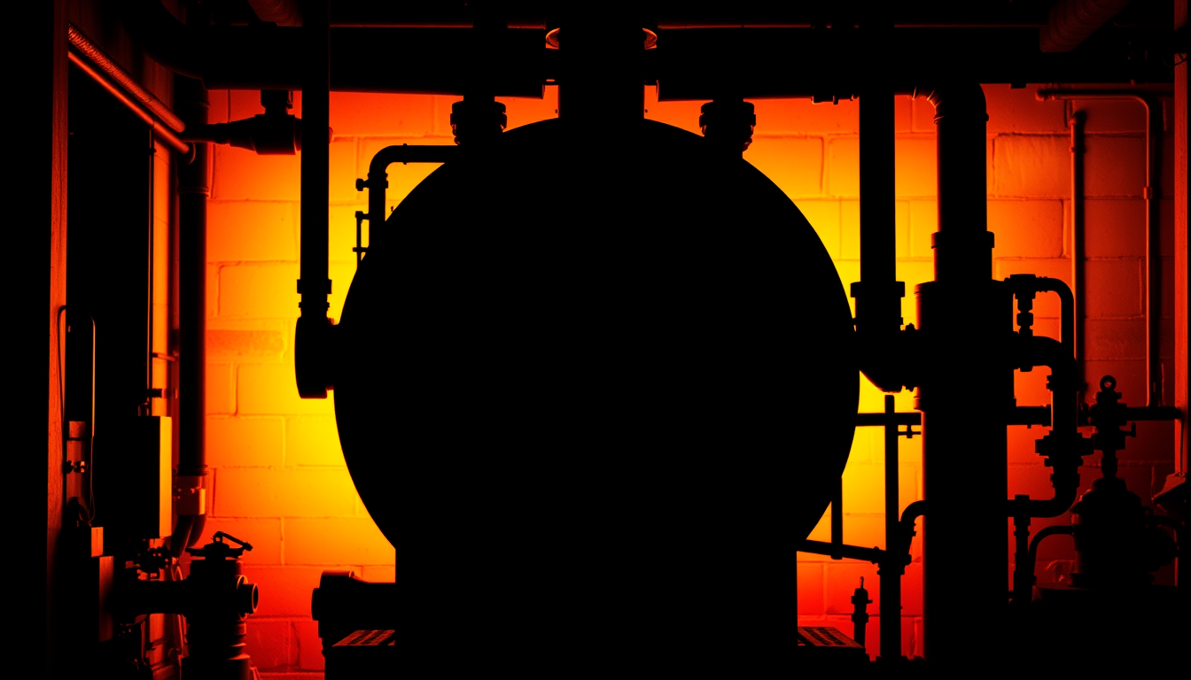 AI Art prompt example created from the prompt: Industrial steam boiler and burner as a solid black metal silhouette for an architectural workshop entrance sign. Strong backlighting behind