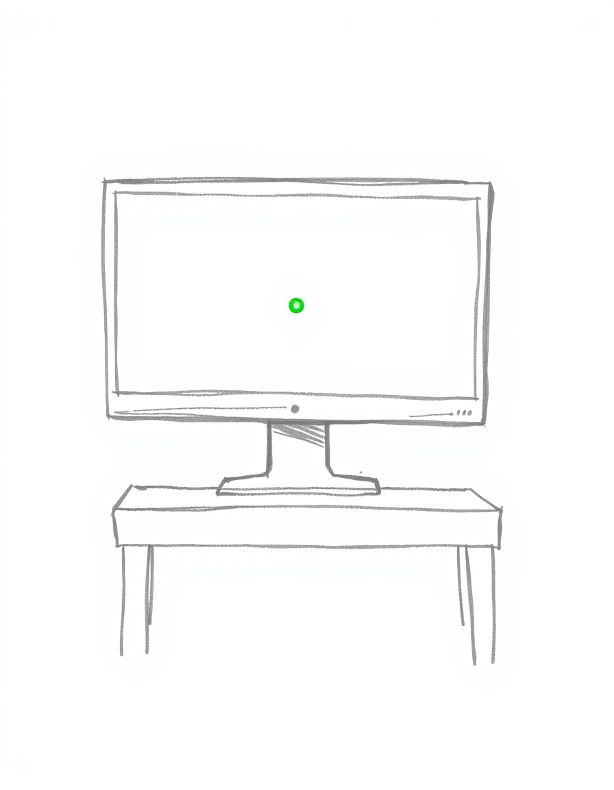 Main art studio: Minimalist black and white pencil sketch of a single computer monitor on a simple desk. The monitor screen is mostly blank and white, with only one ti