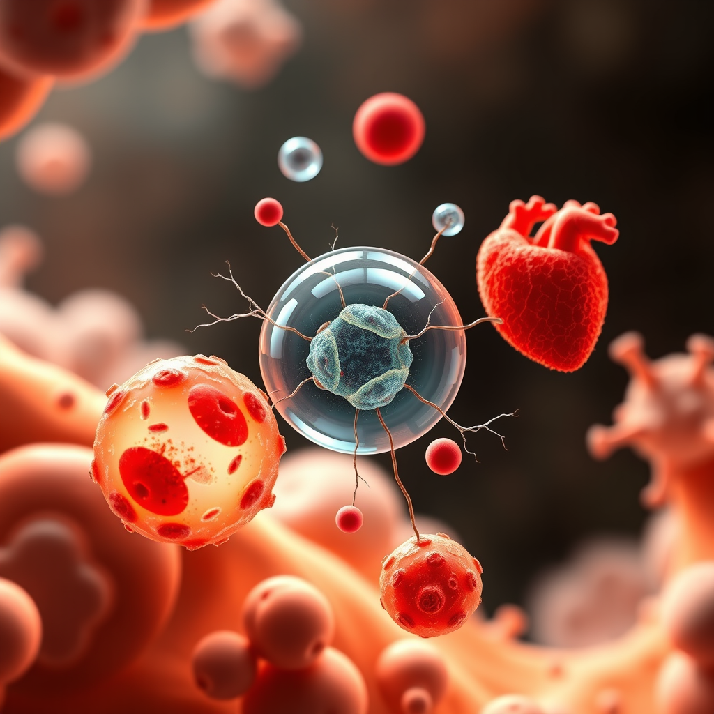 Main art studio: Photorealistic scientific visualization of one stem cell at the center, naturally differentiating into blood cells, nerve cells, heart cells and carti