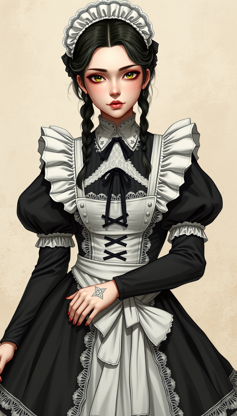 AI Art prompt example created from the prompt: Mejora la imagen en una cálida de 1080x2400 dónde victorian maid María no hoshi aparezca con su cuerpo completo y respetando el diseño origi