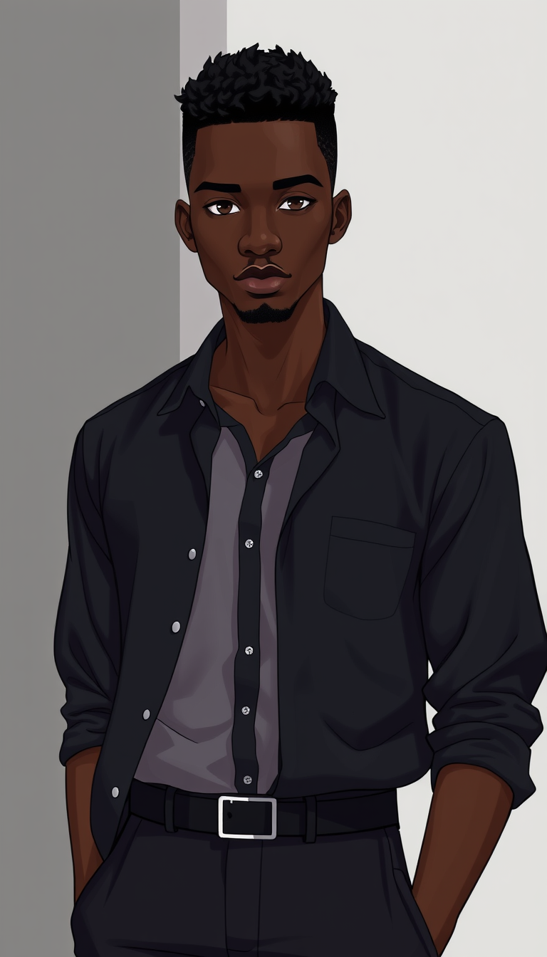 AI Art prompt example created from the prompt: Adult African man, 25 years old, dark brown skin, short natural black hair, expressive brown eyes, elegant casual outfit, black shirt and da
