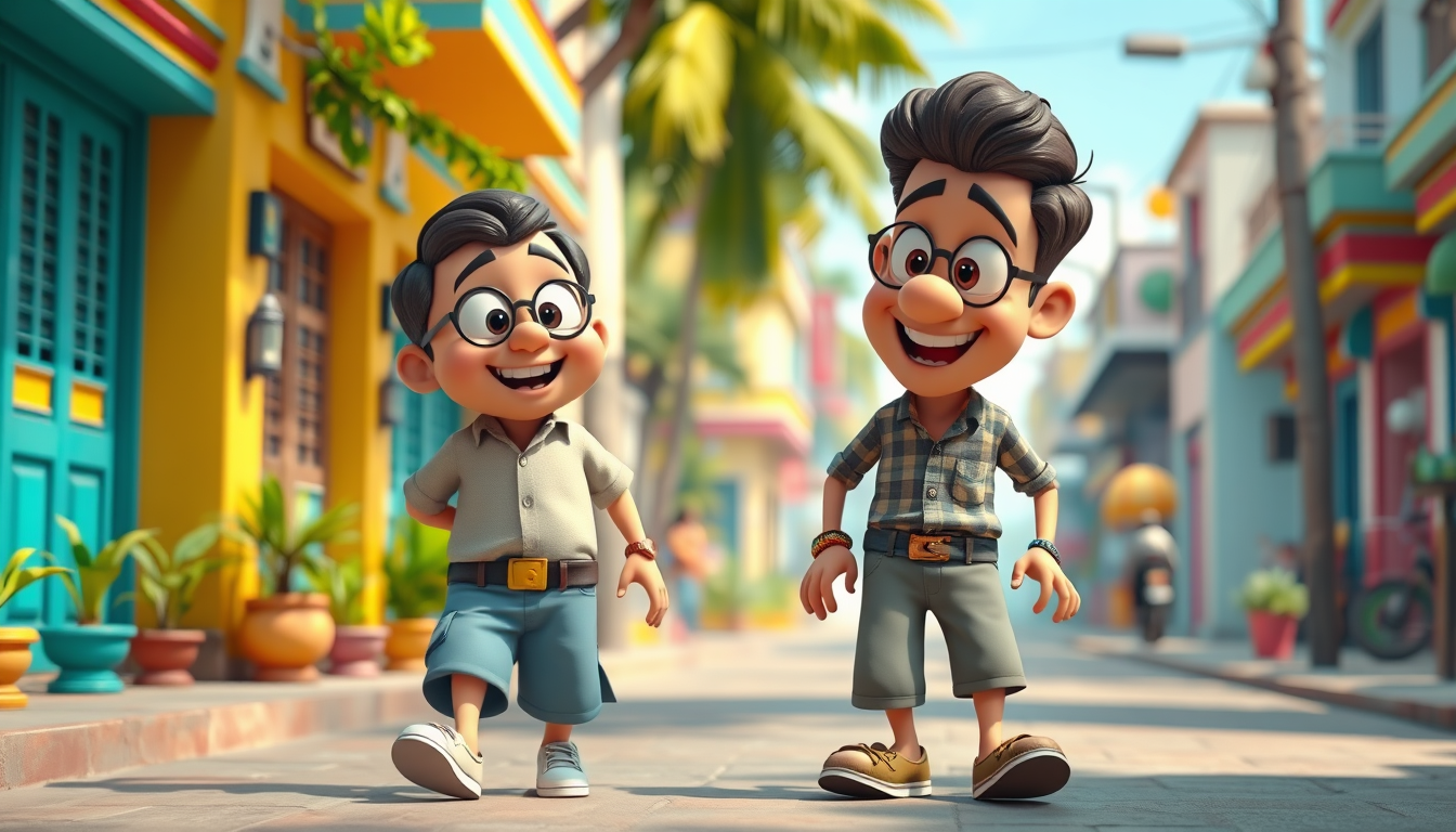 Main art studio: Create a funny 3D cartoon scene inspired by classic Indian slapstick cartoons. Two funny male cartoon friends, one short and chubby and the other tall