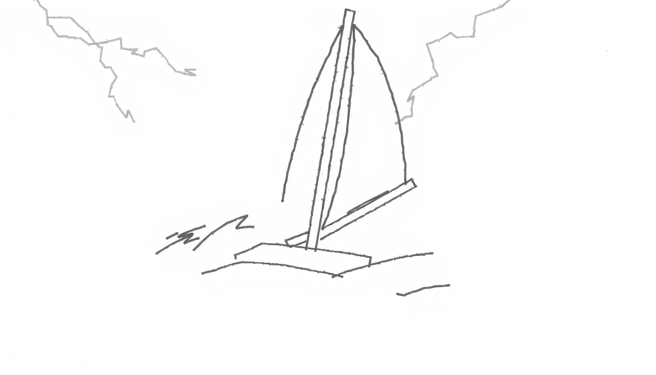 Main art studio: Can you create an image of this boat sailing towards the viewer? It needs to be stormy weather with lightning in the background, and drawn in a simple