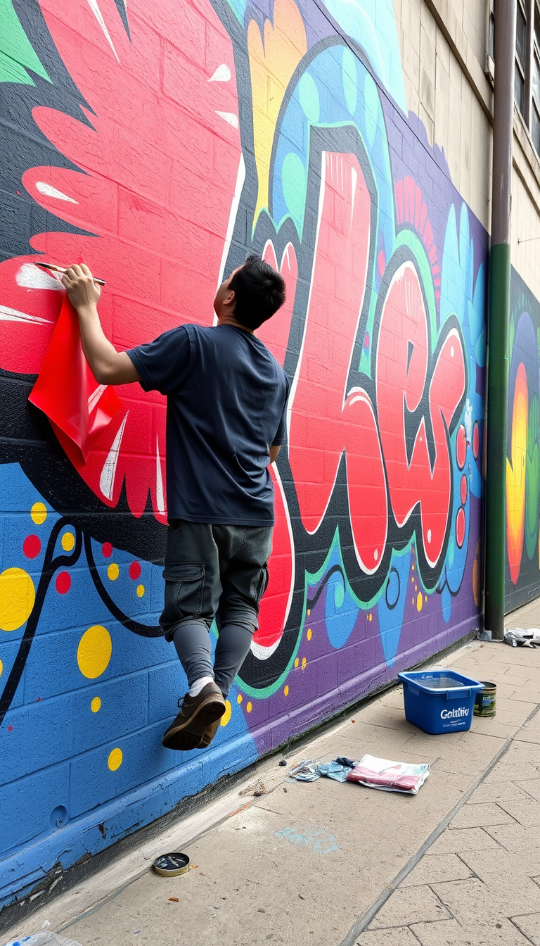 Main art studio: Same artist putting the finishing touches on a large vibrant street-art mural, stepping back proudly to look at the completed artwork.